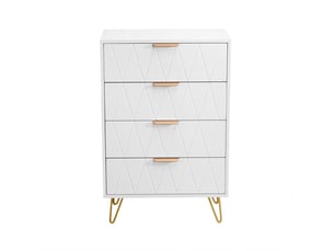 Commode 4 tiroirs style italo-scandinave - 60 x 34 x 90 cm-blanc - meuble de rangement vertical avec reliefs losanges et pieds dorés