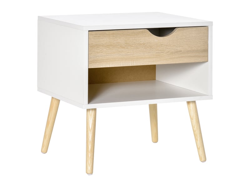  Table de chevet, table de nuit, avec tiroir, design moderne, pieds en bois massif, 50 x 39 x 51 cm, blanc et bois naturel  - Conforama B