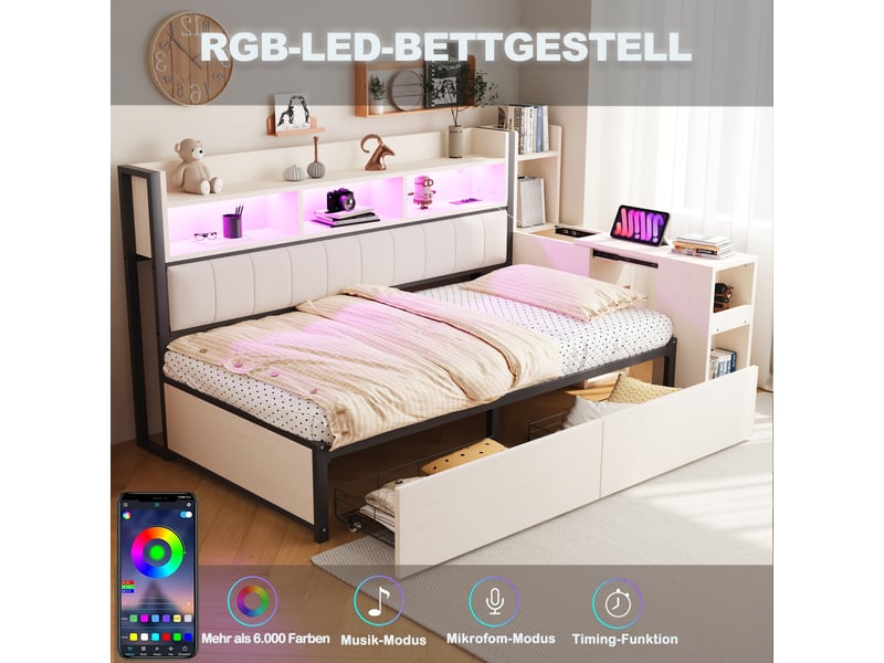 Canapé-lit 90x200 cm avec prise et éclairage led, lit simple avec grand tiroir et bureau coulissant, lit 1 personne, blanc  - Conforama R