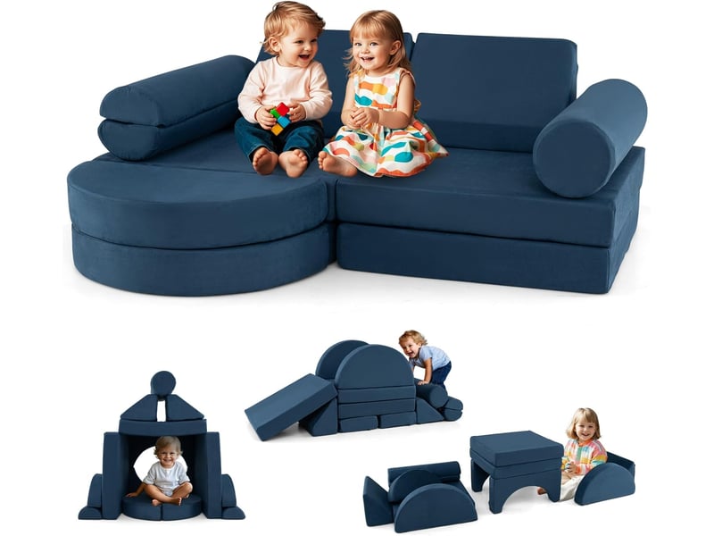 Canapé enfant convertible 13 pcs, blocs de construction en mousse, chauffeuse enfant 2 places transformable, possibilités de jeux infinies (bleu)  - Conforama A