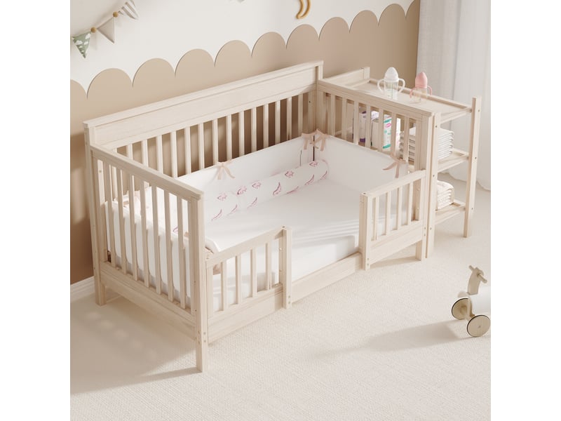  Lit bébé évolutif 3-en-1 – lit 70x140 cm - réglable sur 3 hauteurs - avec table à langer amovible et étagère de rangement - pin massif - naturel  - Conforama E