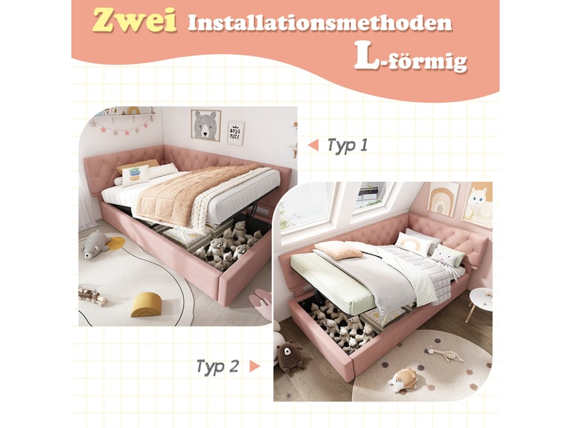  Lit banquette 90x200 en velours rose avec lit coffre hydraulique, sommier à lattes, pour enfant et adolescent  - Conforama W
