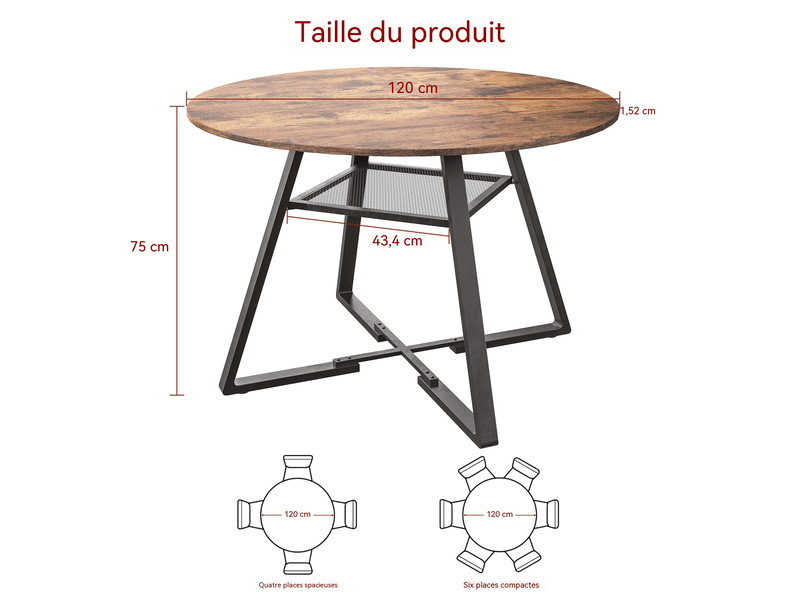  Table à manger ronde pour 6 personnes, table de cuisine style industriel avec plateau aspect bois et pied en métal, 120 x 75 cm  - Conforama C