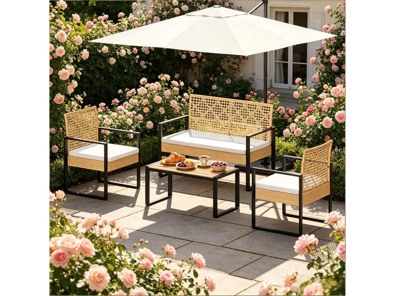 Salon de jardin avec 1 canapé 2 places, 2 fauteuils et 1 table basse, rotin pe, métal et tissu, bois naturel - Conforama C