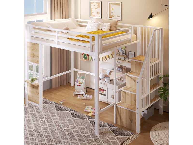  Lit mezzanine enfant 140 × 200 cm 2 places avec escalier de rangement et étagères, sans matelas, blanc  - Conforama C