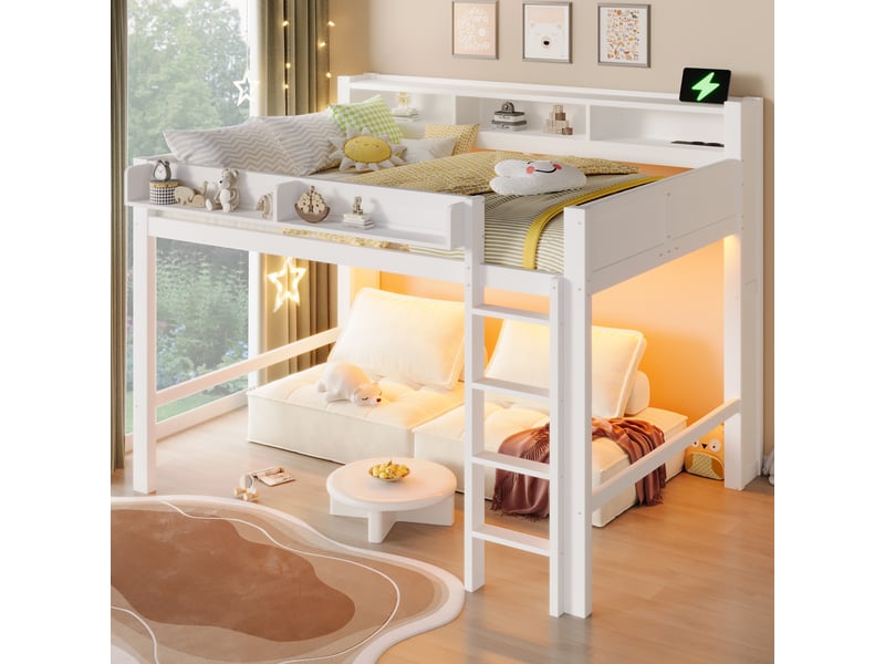  Lit mezzanine en bois 140x200 cm avec bureau et led et usb lit enfant avec rangement et 3 armoires blanc BUYDEEMEUS - Conforama B