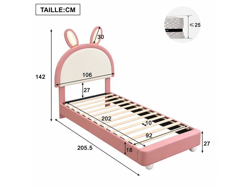  Lit enfant rembourré, lit simple avec tête de lit lapin, led et bords moussés, 90x200 cm, sans matelas, rose et blanc  - Conforama D