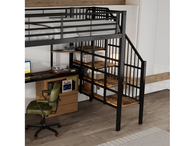 Lit mezzanine 120x200 cm escalier latéral main-courante prise intégrée métal et bois noir et noyer foncé sans matelas - Conforama D