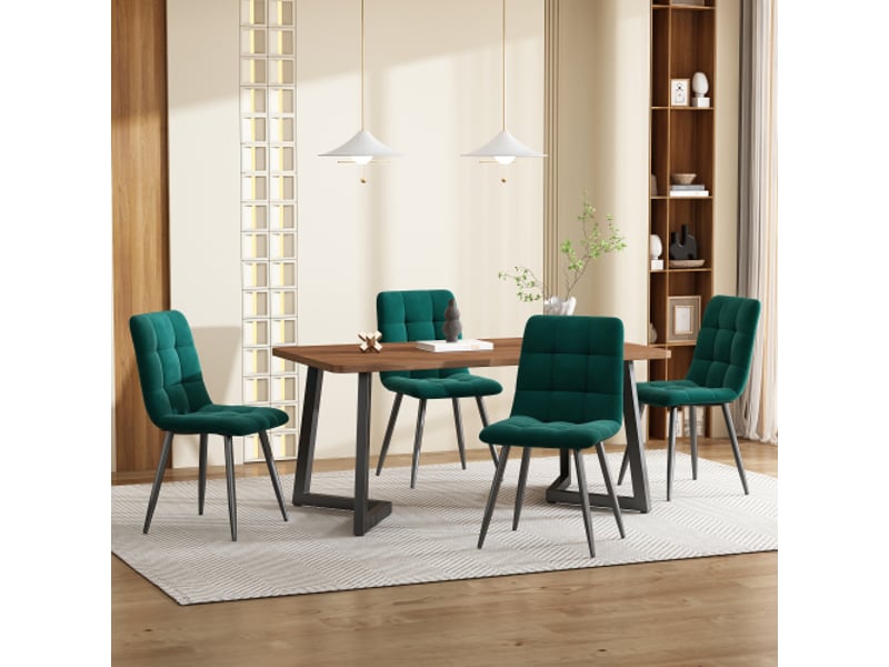 Ensemble salle à manger 5 pièces: table moderne et 4 chaises velours vert foncé, plateau mdf noyer, pieds noirs en métal - Conforama B