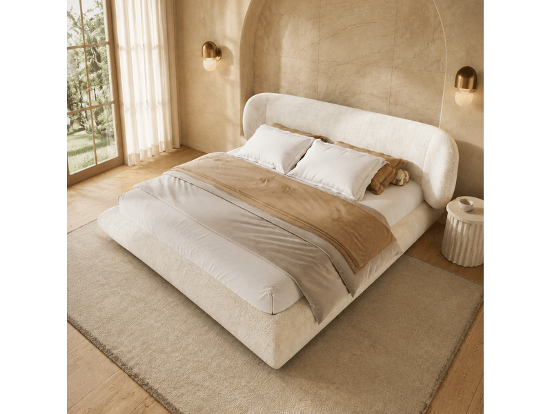 Lit double rembourré 180x200 cm avec sommier à lattes, lit adulte en chenille beige, sans matelas - Conforama W