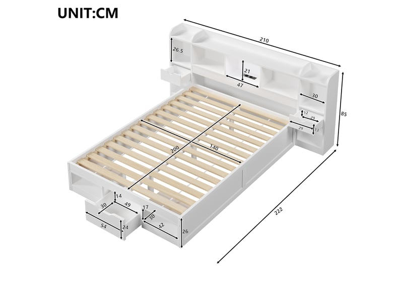  Lit plateforme 140 x 200 cm avec tête et pied de lit à rangements, 3 tiroirs, niches, led et usb, mdf et contreplaqué, blanc OMNIGLINT TRADING LTD - Conforama D