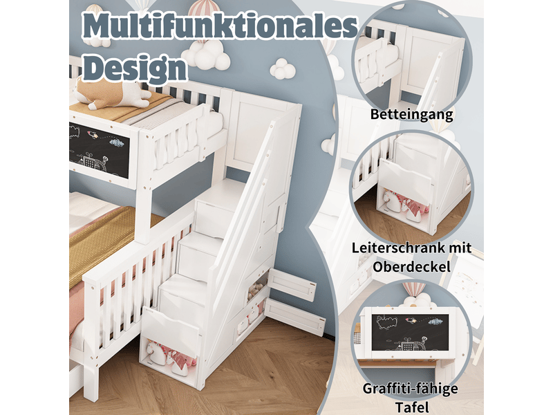  Lit superposé 90140x200 cm - avec tiroirs et tableau - lit superposé enfant - bois massif, sommier inclus, blanc  - Conforama E