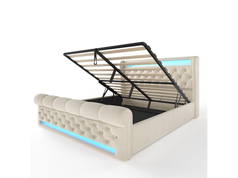  Lit coffre adulte 160x200 cm – beige – led, ports usb et usb-c, tête de lit capitonnée avec matelas  - Conforama D