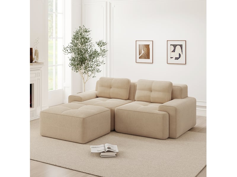Canapé modulable 2 places en velours côtelé beige avec pouf - 204 x 177 x 69 cm - Conforama D