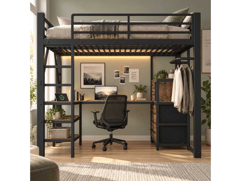  Lit mezzanine 140 × 200 cm led usb-c noir et brun avec bureau et rangements IKSETERA TRADING LTD - Conforama E