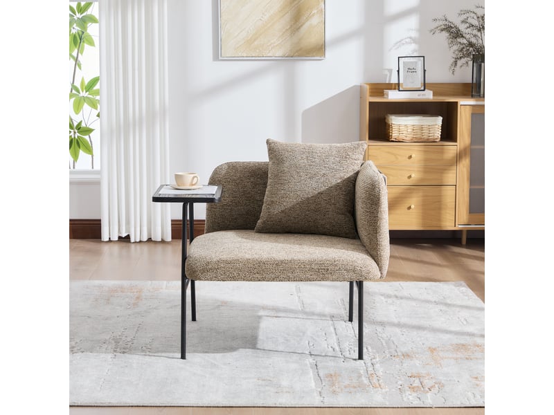 Fauteuil avec table d'appoint et deux poches de rangement, dossier confortable, en chenille kaki - Conforama B