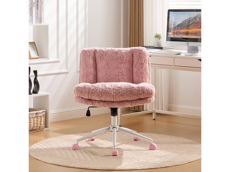  Chaise de bureau rose pivotante, chaise de coiffeuse en fausse fourrure avec assise large 67 cm et base en métal  - Conforama D