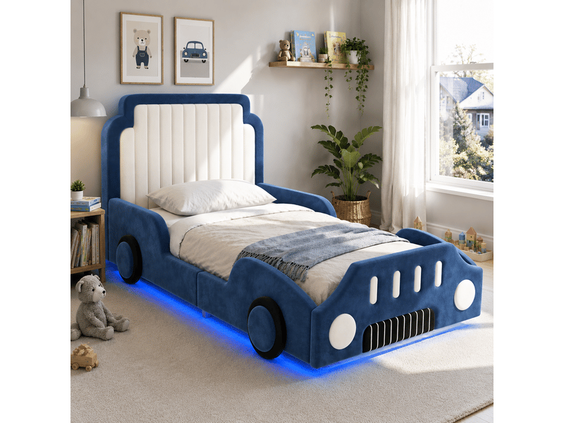  Lit enfant voiture 90x200 en velours bleu avec led et barrières de sécurité IKSETERA TRADING LTD - Conforama B