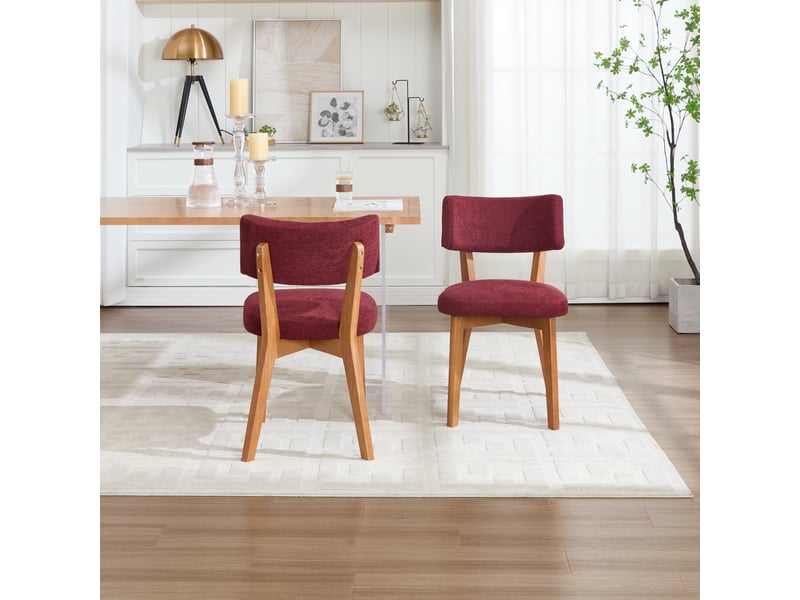 Lot de 2 chaises de salle à manger mid-century bordeaux en lin, pieds en bois massif - Conforama B