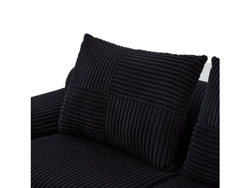 Canapé d'angle modulable 3 places en velours côtelé noir avec 2 poufs, porte-gobelet et rangement latéral - Conforama D