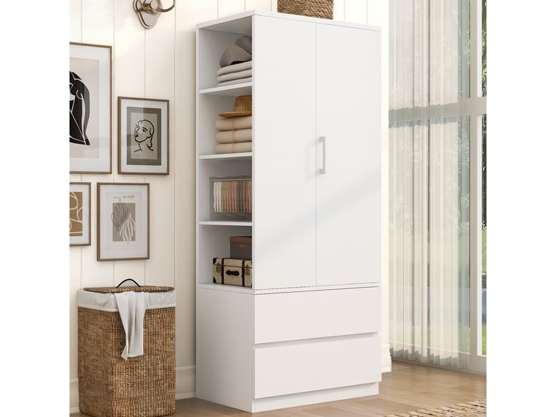 Armoire penderie 70x50x175 cm - 2 tiroirs - étagères ouvertes - rangement chambre - bois et mdf - blanc CozyNest - Conforama D