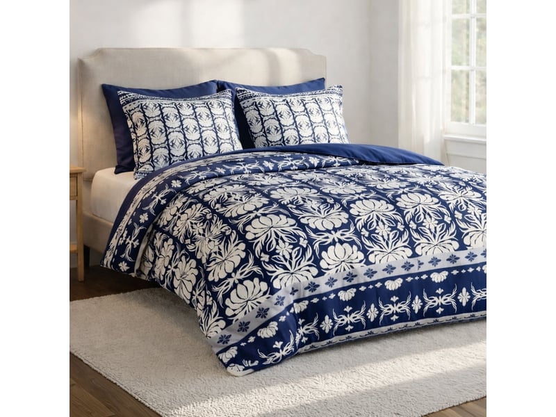  Parure housse de couette 260x240cm + 2 taies motif fleurs bleu et blanc 100% coton - lizio LIZIO - Conforama B