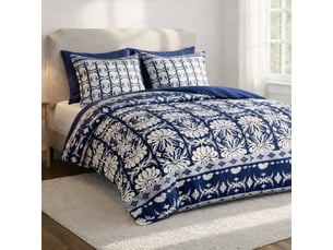 Parure housse de couette 260x240cm + 2 taies motif fleurs bleu et blanc 100% coton - lizio