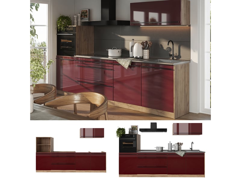  Vicco cuisine, rouge brillantchêne doré, 280cm plan de travail anthracite  - Conforama D