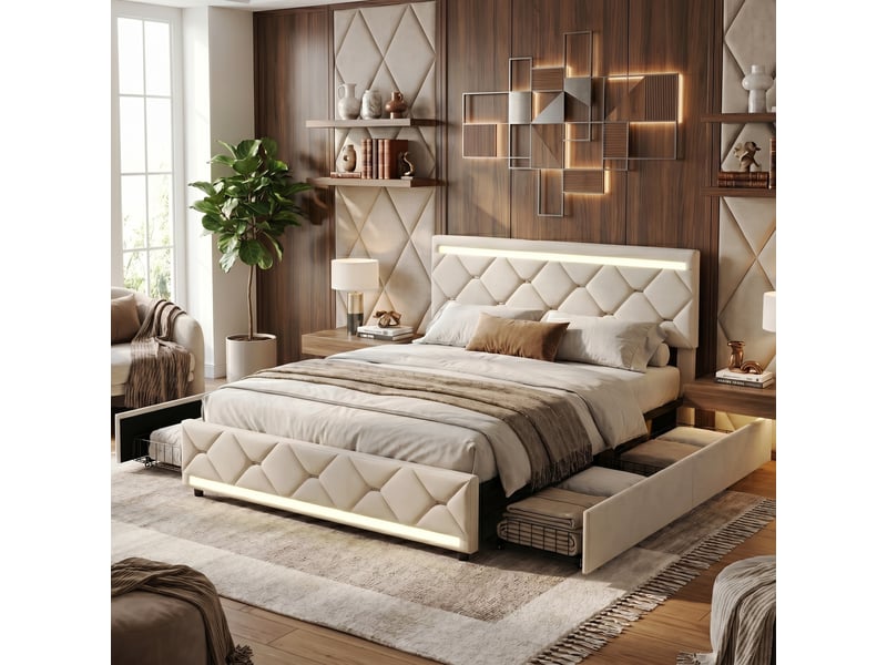  Dreammespace lit double king size 160x200 cm - lit avec rangement 4 tiroirs &amp; led ambiance, ports usb, velours beige DreamMespace - Conforama C