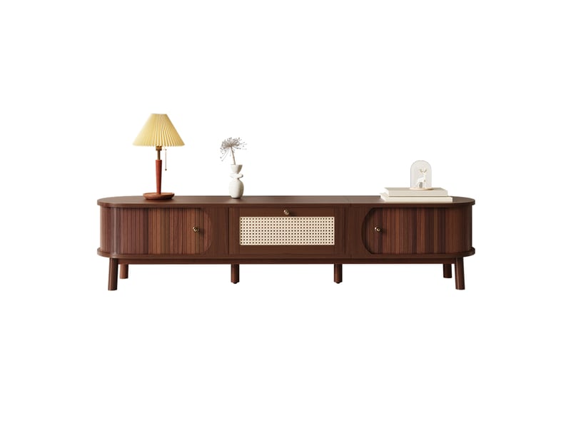  Meuble tv bas portes coulissantes 170x39.5x38cm rangement | style bohème bois massif et cannage en rotin | charge 50kg pieds bois - bois naturel  - Conforama A