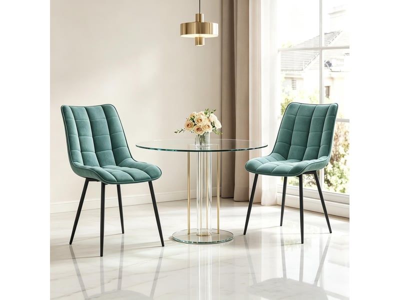  Lot de 2 chaises de salle à manger rembourrées, dossier ergonomique en velours et métal bleu pétrole  - Conforama D