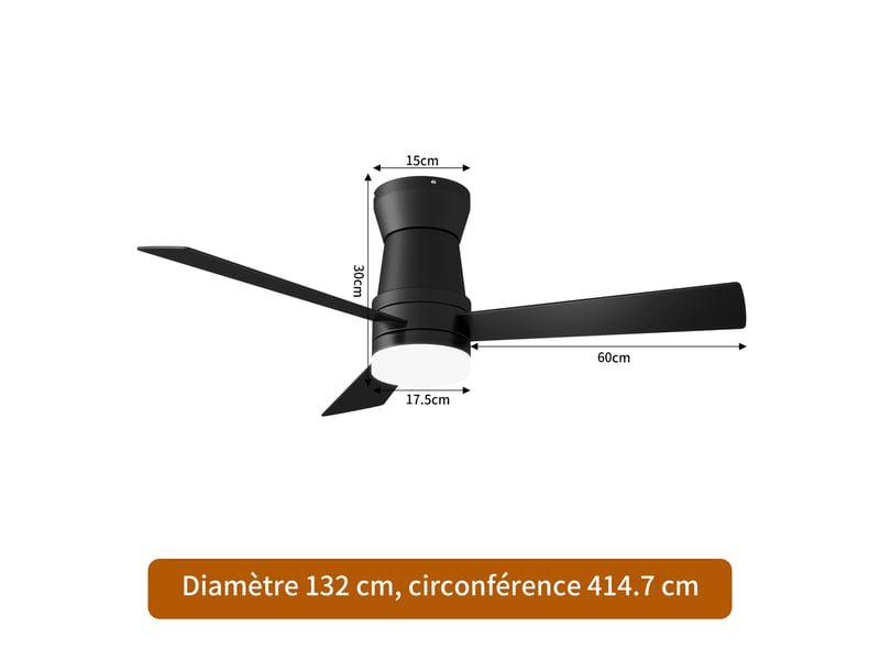  Ventilateur de plafond avec led - 52 pouces - 3 pales en contreplaqué, silencieux  - style moderne - noir  - Conforama E