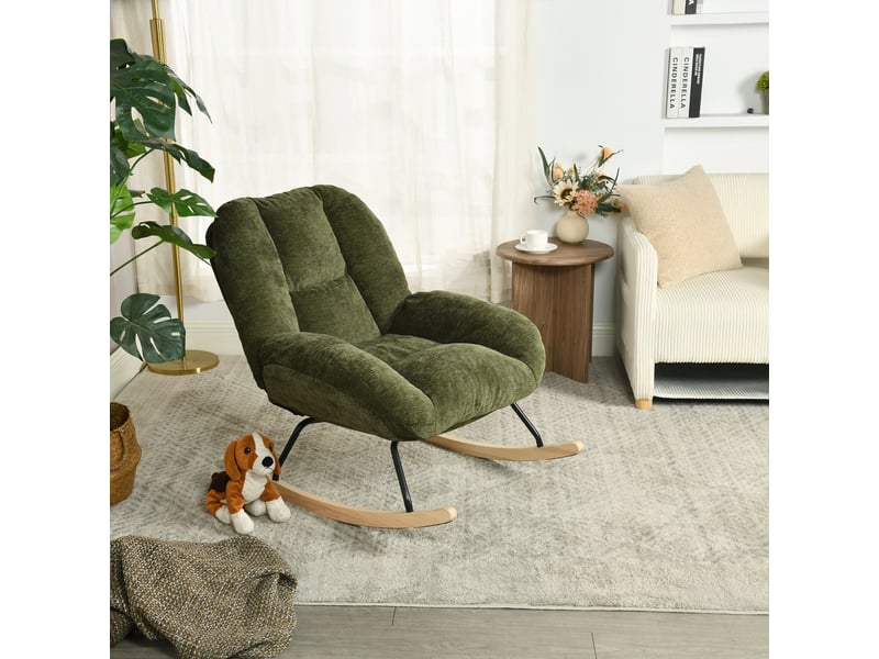  Fauteuil à bascule scandinave, rocking chair en tissu chenille, pieds en bois d’hévéa, vert  - Conforama C