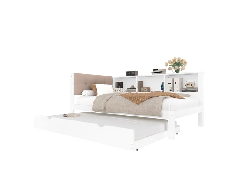  Lit banquette 90x200 blanc en bois de pin avec lit gigogne et port usb  - Conforama A