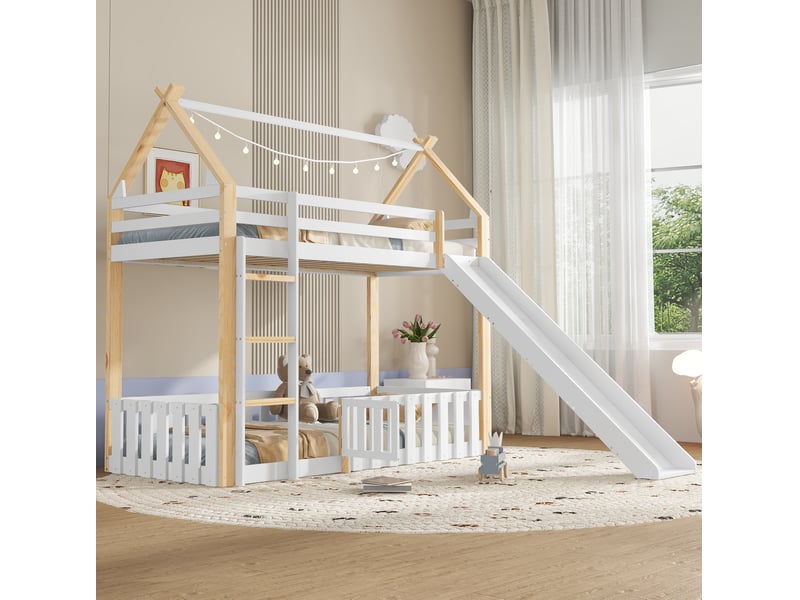  Modenvie lit mezzanine enfant 90x200 cm - avec toboggan, toit cabane, sans matelas - blanc et naturel  - Conforama D