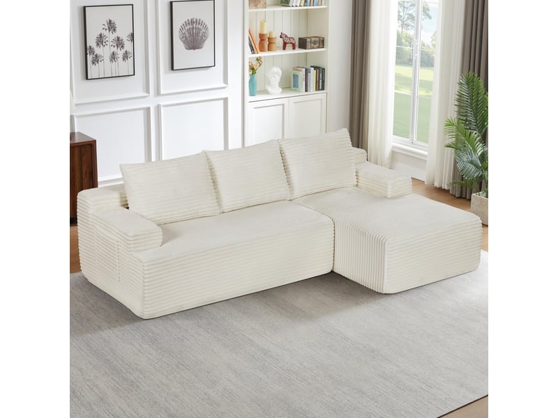  Canapé 4 places - 238x152x66cm - modulable sans montage avec méridienne droite et tissu velours côtelé - beige  - Conforama D