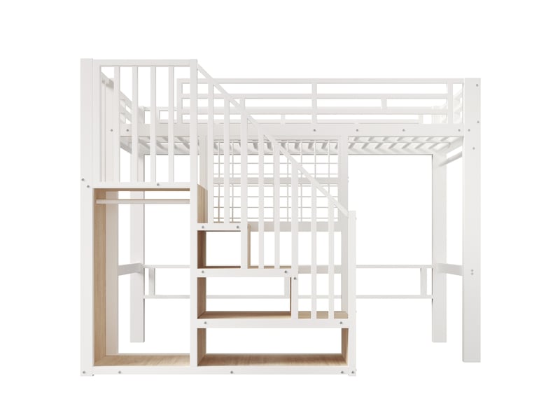 Lit mezzanine 90x200 cm en métal blanc avec escalier rangement, grille et led - Conforama E