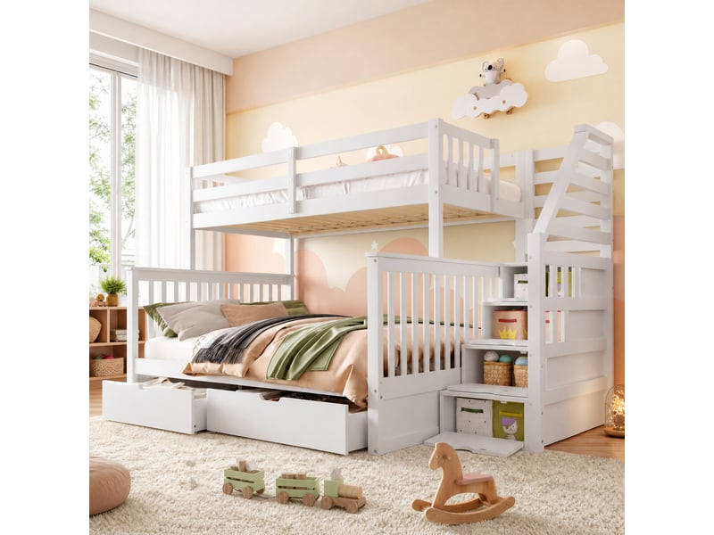  Lit superposé enfant blanc 90 x 200 cm et 140 x 200 cm avec tiroirs de rangement  - Conforama D