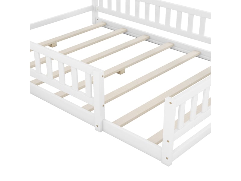  Lit cabane enfant 200×140 cm avec barrière latérale et table de chevet, en pin et mdf, blanc  - Conforama E
