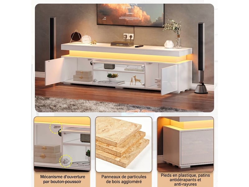 Meuble tv 150 cm blanc avec led - 3 portes finition brillante - rangement salon  - Conforama D