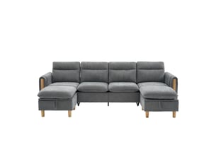 Canapé d'angle panoramique convertible <strong>SAPGAKS</strong> <strong></strong> 4 places Velours côtelé gris avec coffre de rangement