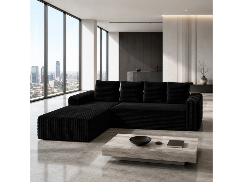  Canapé d'angle modenvie cloud modulable 4 places avec méridienne assise profonde en velours côtelé noir 261 x 168 x 58 cm  - Conforama B
