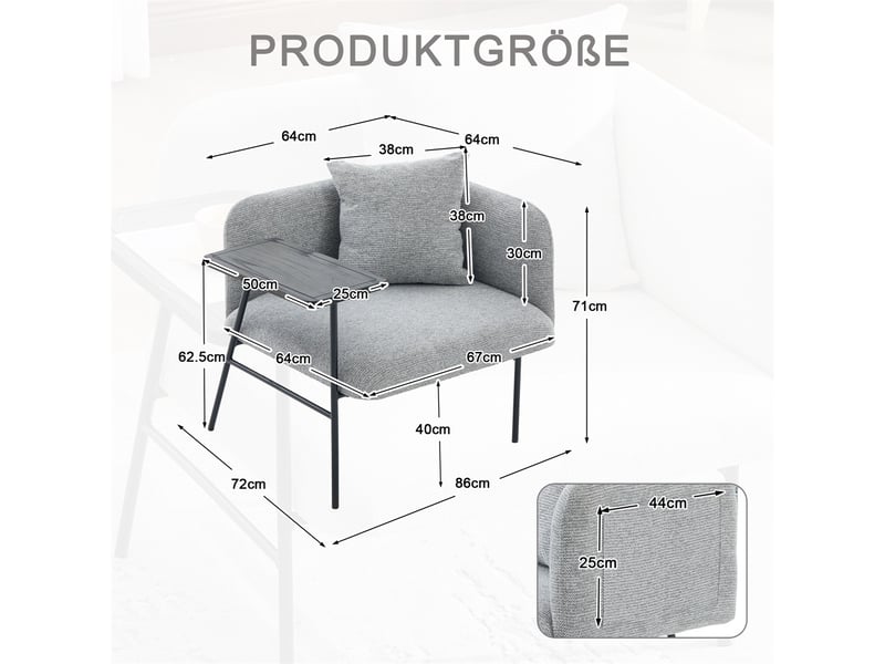  Fauteuil de salon moderne avec table d'appoint - 86x72x71cm - design avec poches de rangement et cadre métal - gris  - Conforama E