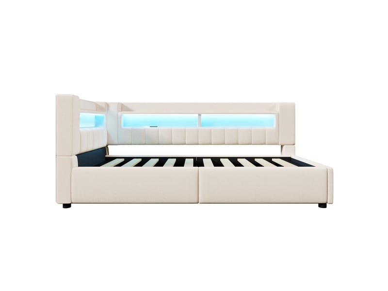  Lit banquette beige 90x200 cm avec coffre hydraulique, led, usbtype-c, lin, convertible  - Conforama A