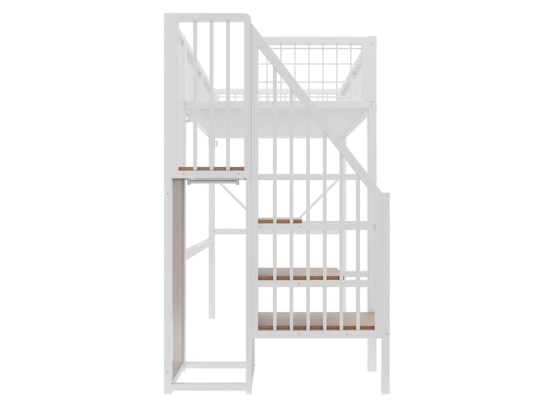  Lit mezzanine 90 x 200 cm blanc en métal avec escalier de rangement, led intégrée et tringle à vêtements  - Conforama E
