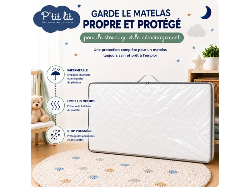  P'tit lit - housse protection matelas bébé 60x120 cm - protection totale imperméable - sac déménagement - stockage - fermeture éclair - ép. Jusqu'à 12 cm  - Conforama B