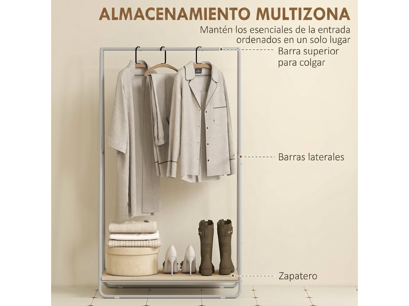  Portant à vêtements 3 en 1 avec étagère à chaussures, barres supérieures et latérales, structure en métal naturel et gris  - Conforama E