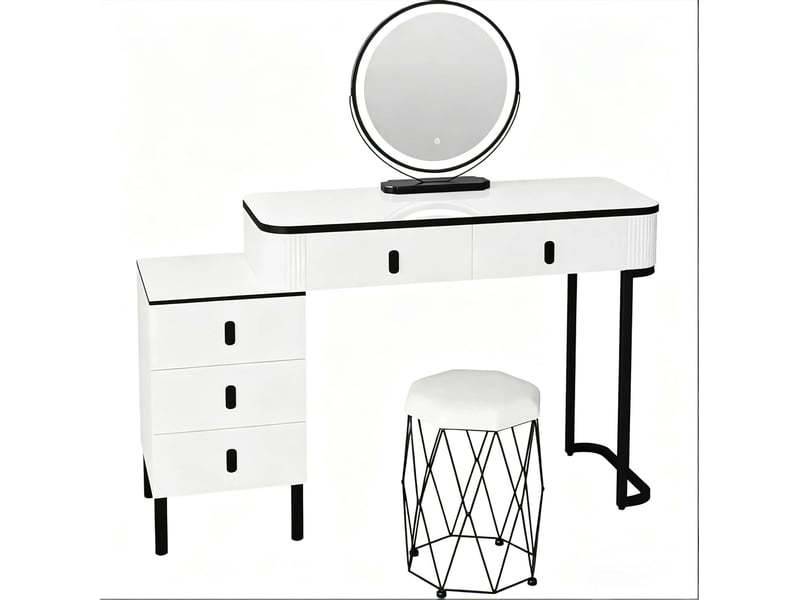 Coiffeuse blanc et noir avec miroir led, 5 tiroirs et tabouret  - Conforama A