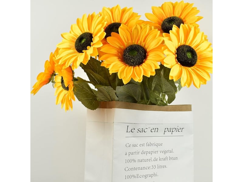  Lot de 6 grands tournesols artificiels à longues tiges, faux tournesols en soie, décoration en vrac pour la maison, les mariages, l'extérieur, les fêtes, les baby showers (jaunes)  - Conforama B