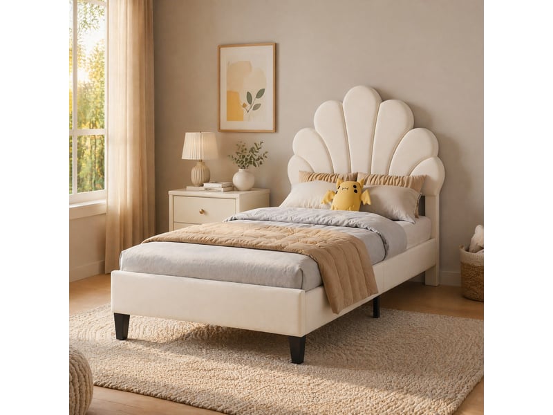  Lit enfant capitonné 90x200 cm à tête de lit fleur, velours beige  - Conforama D